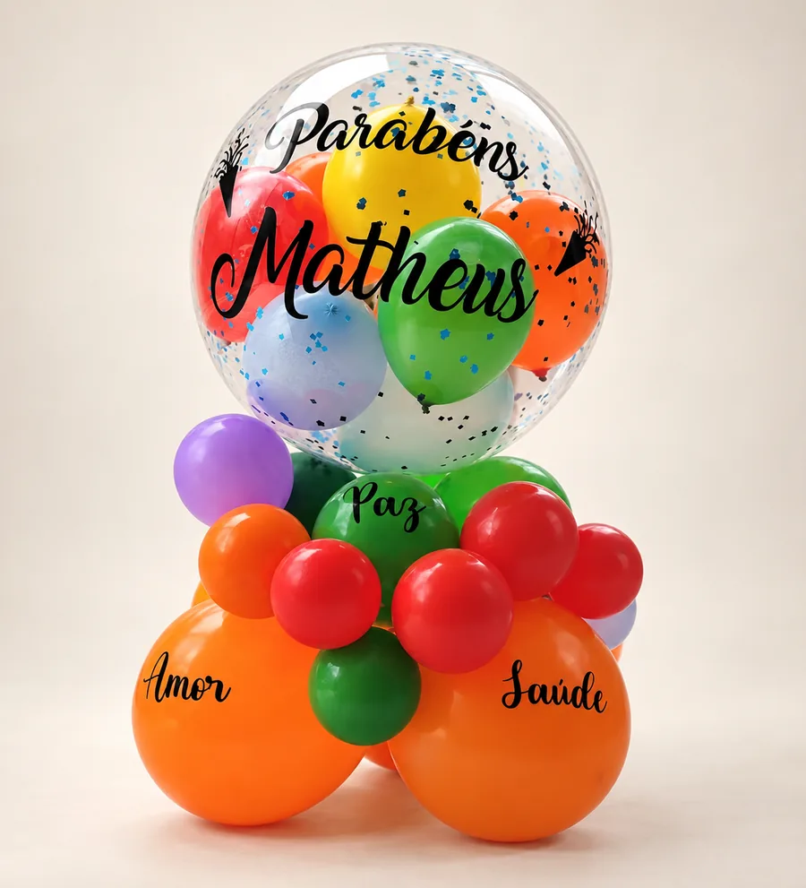 Buquê de balões coloridos com um balão bubble transparente escrito Parabéns Matheus e balões com as palavras Amor, Paz e Saúde.